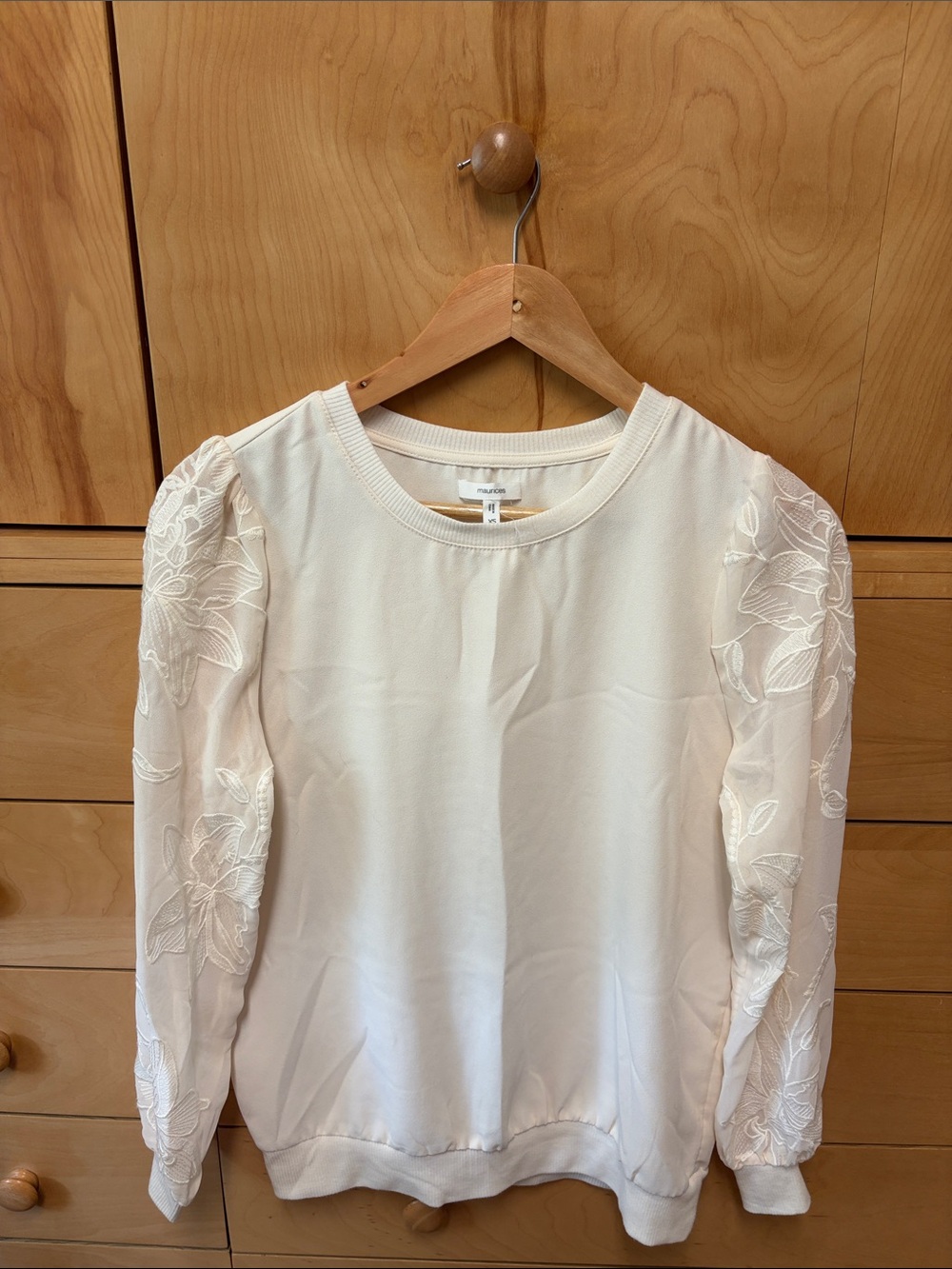 Maurices Ivory Embroidered-Sleeve Sweatshirt